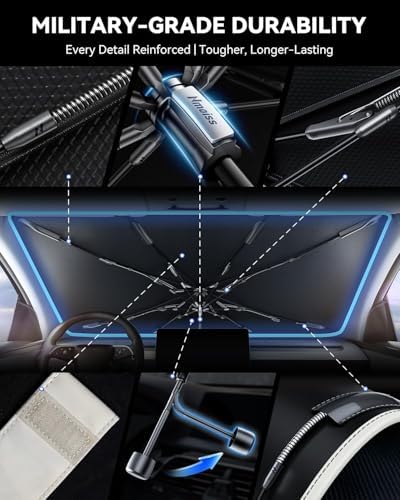 Nmoiss Windshield Sun Shade Umbrella for All Jeep Wrangler & Gladiator - [Vinyl Coating Heat Shield] Protect Car from Sun Rays & Heat Damage Keep Cool and Protect Interior, Spring Structure Edge - Image 6