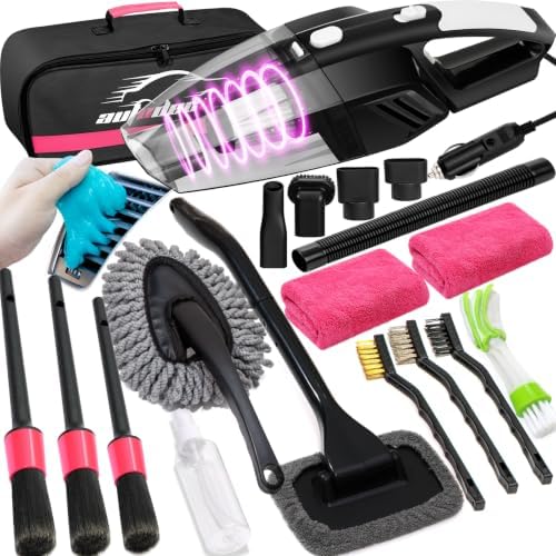 20Pcs Car Cleaning Wash Kit Interior Detailing Cleaner Kit with High Power Handheld Vacuum, Brush Set, Windshield Tool, Duster, Towels, Complete Car Care Tools, Pink by AUTODECO