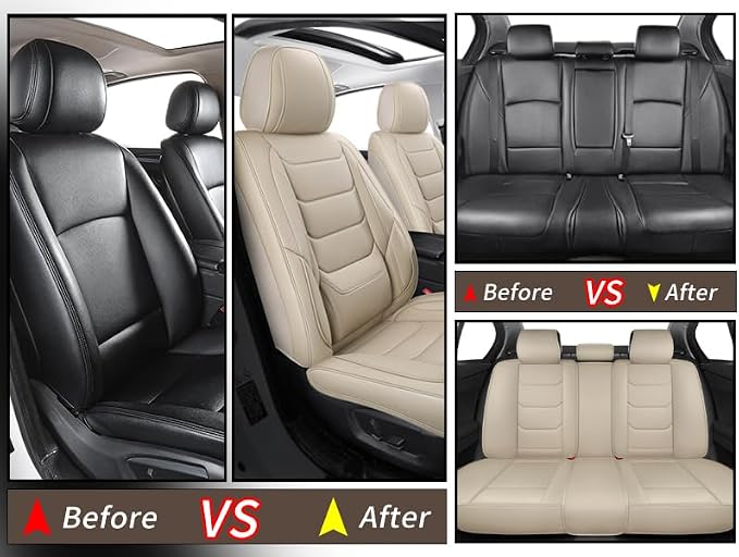 Leather Car Seat Covers Full Set Automotive Seat Protectors | Breathable Waterproof Durable Full Surround & Lumbar Support Design Non-Slip Universal Fit for Most Cars SUV Trucks Van Beige - Image 8