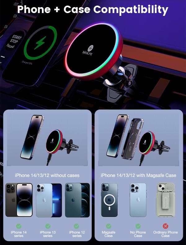 for Magsafe Car Mount Charger 15W LED RGB Car Phone Holder for Dash Vent | HandsFree Magnetic Wireless Car Charger Car Mount Fast Car Charger for iPhone 17 16 15/14/13/12 Series Red - Image 3