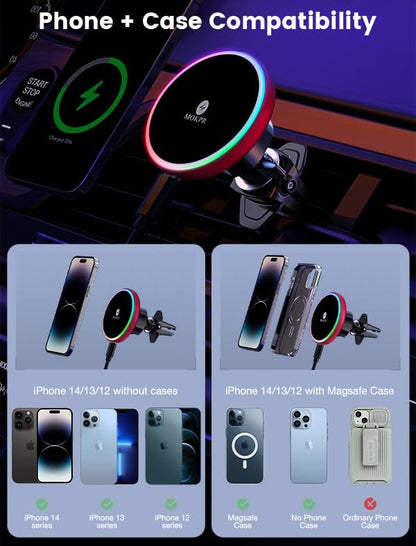 for Magsafe Car Mount Charger 15W LED RGB Car Phone Holder for Dash Vent | HandsFree Magnetic Wireless Car Charger Car Mount Fast Car Charger for iPhone 17 16 15/14/13/12 Series Red - Image 3