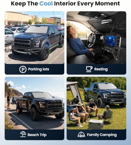 Zanch 2026 Upgraded Windshield Sun Shade Umbrella: Custom Fit for Ford F150 F250 F350 2015-2025 Front Window Sunshade, Block UV Rays & Keep Car Cool, 1:1 Scan for F150/250/350, No Gaps & No Scratches. - Image 6