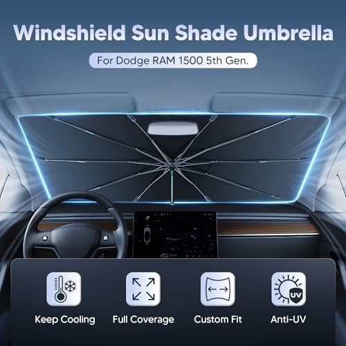 Autorder Windshield Sun Shade Umbrella for 2019-2026 Dodge RAM 1500 Accessories,Upgraded Ice Crystal Material,Easy Setup Umbrella Sunshade for Car Windshield,100% Sun Blocking - Image 2