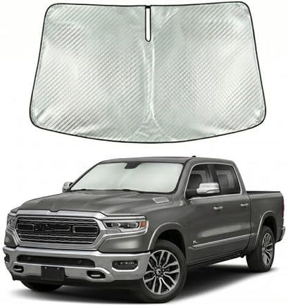 Windshield Sun Shade Custom Fit for 2019-2026 Dodge RAM 1500, Advanced Diamond-Patterned Heat Shield to Block UV Rays, Foldable Truck Visor, Precise Mirror Cutout by Giselia