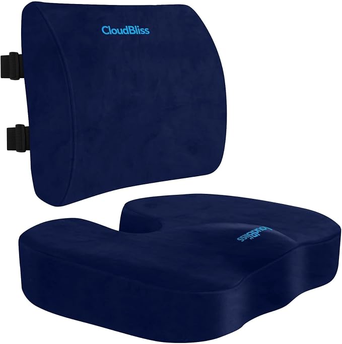 CloudBliss Ergonomic Seat Cushion & Lumbar Support Pillow Set, Blue, Large | Back Pain & Sciatica Relief, Memory Foam Support, Adjustable Straps, Machine Washable Velvet, Perfect for Office, Car, Gaming by CloudBliss