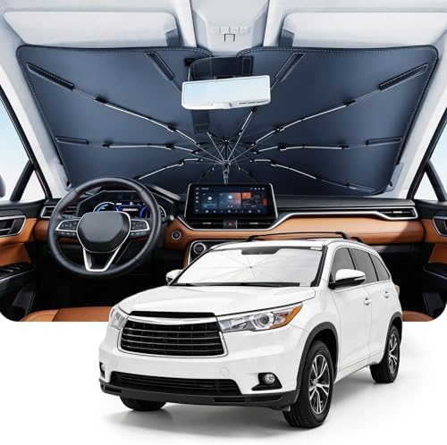 DMJN Umbrella Windshield Sun Shade for Toyota Highlander (2009-2026), Car Sunshade for Front Windshield [Nano Ice-Crystal Coatings] UPF50+ Heat & UV Block, Protect Interior & Keep Cooler by DMJN