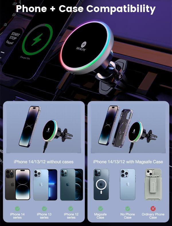for Magsafe Car Mount Charger 15W LED RGB Car Phone Holder for Dash Vent | HandsFree Magnetic Wireless Car Charger Car Mount Fast Car Charger for iPhone 17 16 15/14/13/12 Series Silver - Image 3