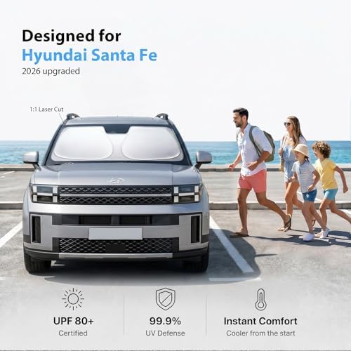 2026 Upgraded Windshield Sun Shade for Hyundai Santa Fe [Precision Custom Fit, Superior UV & Heat Block] Cooling Tech Fabric, Durable Foldable with Storage Bag, Fits 2001-2026 - Image 2