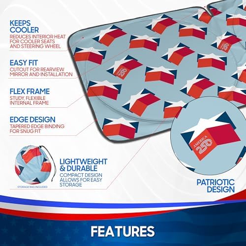 BDK America 250 Windshield Sun Shade for Car Windshield Pop Up Sunshade 3D Stars Patriotic Car Sunshade UV Protection Heat Blocker Foldable Windshield Cover Truck SUV 4th of July Memorial Day - Image 5