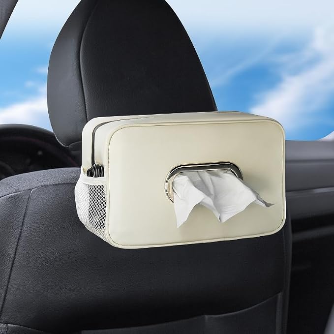 Multi-Functional Car Tissue Holder with ‌2 Storage Nets, Tissue Box Cover | PU Leather Tissue Box Cover, Large Rectangle Napkin Organizer, Fit for 100-160 Regular Size Tissues, Keep Car Tidy, Beige by KeepCarTidy