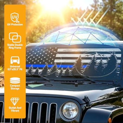 Windshield Sun Shade for Car, 63"x28.5" Stylish Printed Front Window Sunshade with Double Steel Ring Frame, Universal Fit Foldable Heat Blocker & UV Protector, with Storage Pouch (Bline Line Flag) - Image 6