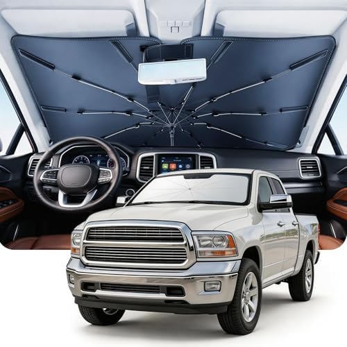 DMJN Umbrella Windshield Sun Shade for Dodge Ram 1500 2500 3500 (2011-2026), Car Sunshade for Front Windshield [Nano Ice-Crystal Coatings] UPF50+ Heat & UV Block, Protect Interior & Keep Cooler by DMJN
