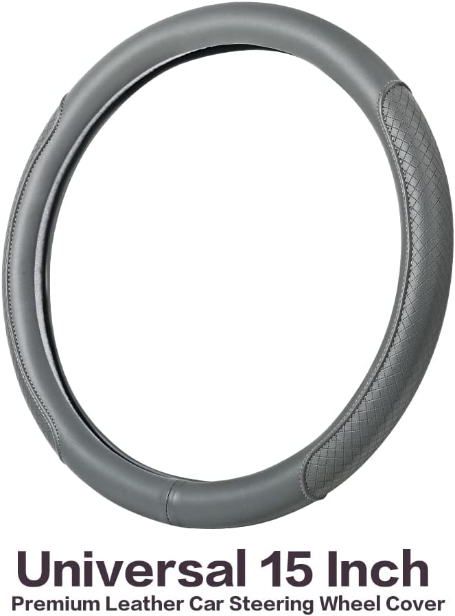 Microfiber Leather Steering Wheel Cover, Classic Embossing, Anti-Slip, Breathable, 15 Inch, Gray - Image 2