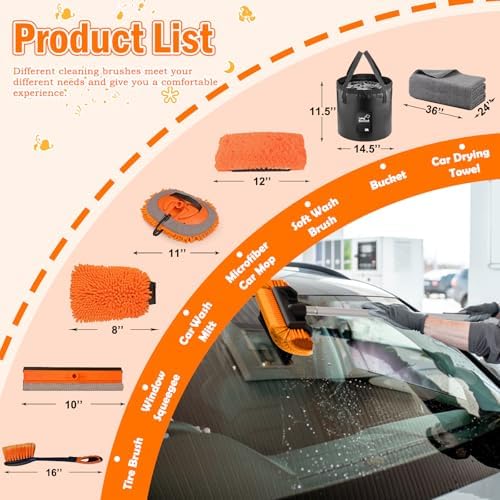 LAANPOLE 12FT Car Wash Brush with Long Handle, Car Cleaning Kit with Soft Bristle Wash Brush, Microfiber Cleaning Mop, Window Squeegee, Mitt, Wheel Brush, Bucket, Drying Towel for RV, Truck, Boat - Image 2
