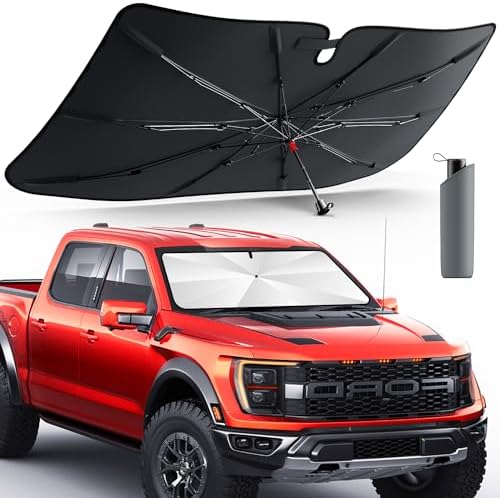 DMJN Umbrella Windshield Sun Shade for Truck, Car Sunshade for Front Windshield [Nano Ice-Crystal Coatings] UPF50+ Heat & UV Block, Protect Interior & Keep Cooler Universal for Truck & Large SUV by DMJN