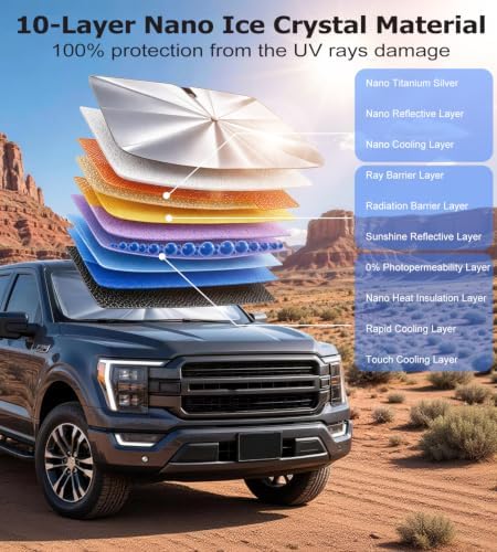 DMJN Umbrella Windshield Sun Shade for Dodge Ram 1500 2500 3500 (2011-2026), Car Sunshade for Front Windshield [Nano Ice-Crystal Coatings] UPF50+ Heat & UV Block, Protect Interior & Keep Cooler - Image 3