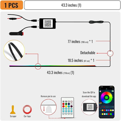 Ambient Lighting Car Led Lights Interior Kit with Wireless APP,43.3 inches Dream Color Acrylic Led Strips Lights for Car, 12V Fiber Optic Music Sync Neon Center Console Dashboard Interior Lights - Image 3