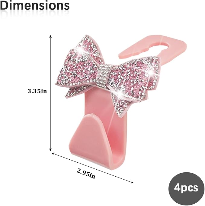 Zpana Bling Car Headreat Hook, 2PCS Crystal Rhinestone Cute Bow Vehicle Seat Back Hanger Storage for Purses Bags Grocery, Diamond Auto Rear Seat Organizer, Universal for SUV Truck Sedan (Pink) - Image 2