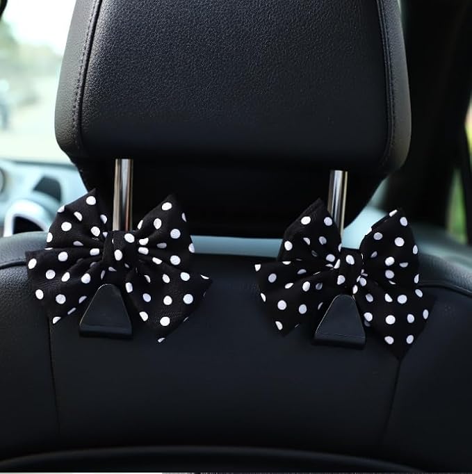 Car Headrest Hooks 2 Pack Seat Back Hanger for Bags and Groceries Heavy Duty Auto Organizer Easy Install Storage Hook for Purse Handbag Shopping Bags Black Polka Dot - Image 6
