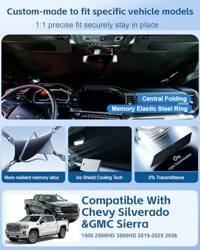Windshield Sun Shade for Chevy Silverado/GMC Sierra 1500 2500 3500(SLT,AT4,Denali) 2026 2025-2019 Front Window Sun Visor Protector Foldable Block UV Rays Windshield Sunshade Keep Car Cool - Image 2