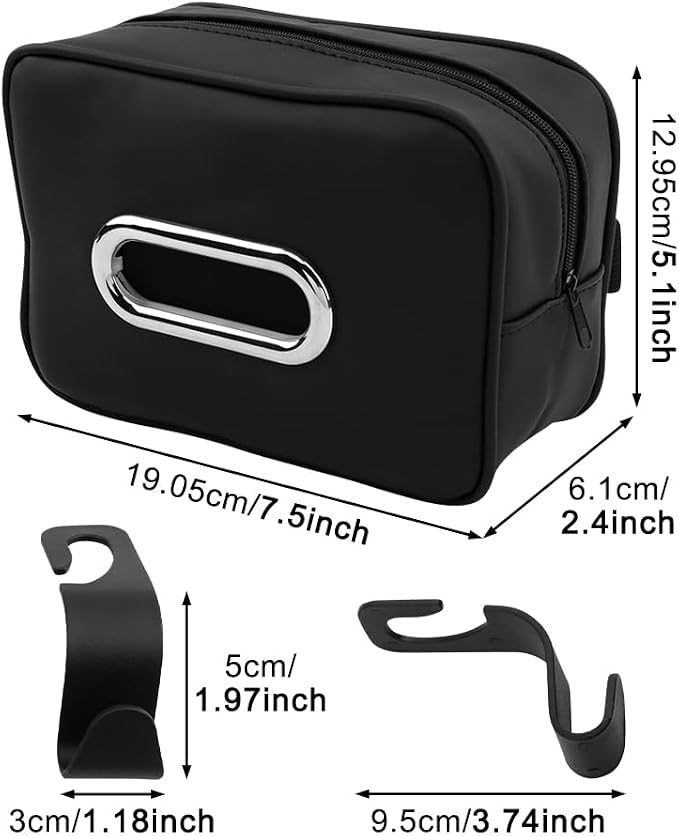 Car Tissue Holder, PU Leather Backseat Rectangle Napkin Organizer Tissue Box Cover Keep Car Tidy, Tissues Dispenser with 4 Hooks for Cars (COLOR:Black) - Image 2