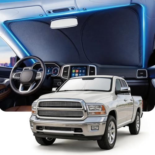 DMJN Front Windshield Sun Shade for Dodge RAM (2009-2018), [Nano Ice-Crystal Coatings] UPF50+ Heat & UV Block, Protect Car Interior & Keep Cool, Flodable Steel-Ring Car Cover for Summer by DMJN