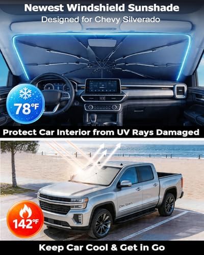 DMJN Umbrella Windshield Sun Shade for Chevy Silverado (2011-2026), Car Sunshade for Front Windshield [Nano Ice-Crystal Coatings] UPF50+ Heat & UV Block, Protect Interior & Keep Cooler - Image 2