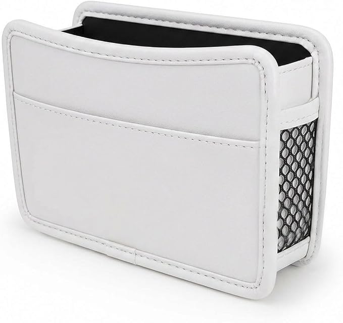 Car Seat Side Pocket Organizer, Leather Sewn Multifunctional Automotive Trash Bag, Small Vehicle Door Pouch for Cell Phone, Key, Wallet, Sunglasses (White) by Unknown