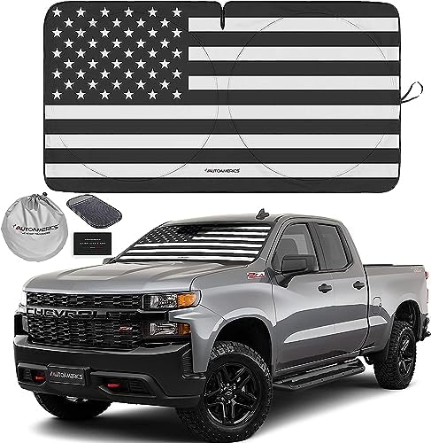 Autoamerics Truck Windshield Sun Shade with Storage Pouch & Anti-Slip Dashboard Pad - Foldable B&W American Flag Design Sunshade - Blocks Max UV Rays, Keeps Vehicle Cool | X-Large (66 x 36 inches) by AutoamericsUS