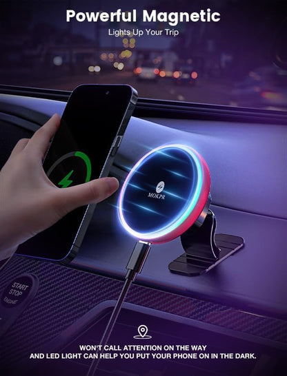 for Magsafe Car Mount Charger 15W LED RGB Car Phone Holder for Dash Vent | HandsFree Magnetic Wireless Car Charger Car Mount Fast Car Charger for iPhone 17 16 15/14/13/12 Series Red - Image 5