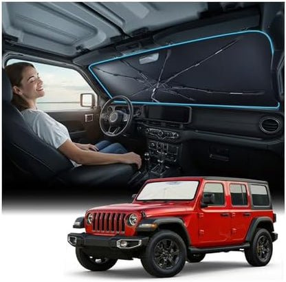 Nmoiss Windshield Sun Shade Umbrella for All Jeep Wrangler & Gladiator - [Vinyl Coating Heat Shield] Protect Car from Sun Rays & Heat Damage Keep Cool and Protect Interior, Spring Structure Edge by Nmoiss