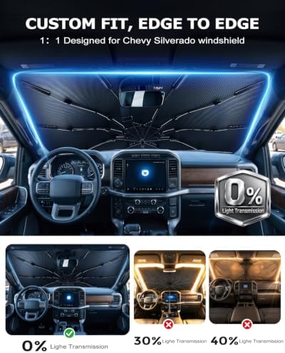 DMJN Umbrella Windshield Sun Shade for Chevy Silverado (2011-2026), Car Sunshade for Front Windshield [Nano Ice-Crystal Coatings] UPF50+ Heat & UV Block, Protect Interior & Keep Cooler - Image 4