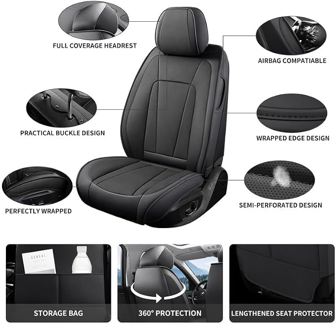 Car Seat Covers Full Set Custom Fit For Hyundai Santa Fe 2001-2026 ,Black | Premium Faux Leather, Waterproof, Anti-Slip, Airbag Compatible, Breathable, Car Seat Protectors, 2 Rows 5 Seats - Image 2
