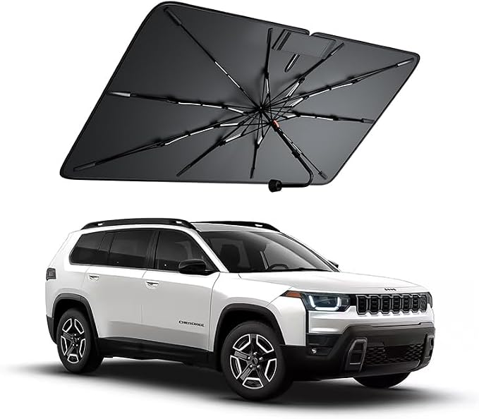 Windshield Sun Shade for Jeep Cherokee 2001–2023, Foldable Umbrella Sunshade with 100% UV Block, Multi-Layer Heat Insulation, Reinforced 10-Rib Frame, Keeps Car Cooler, Summer Car Accessory by Amadaw