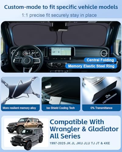Windshield Sun Shade for Jeep Wrangler TJ JK JL & Gladiator JT Front Window Sun Visor Protector Foldable Block UV Rays Windshield Sunshade Keep Car Cooler - Image 2