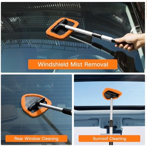 Qydipclin 11pcs Windshield Cleaner Tool, Car Window Cleaning Wash Kit with 6 Reusable Microfiber Pads 2 Spray Bottles and Extendable Handles Auto Glass Wiper Kit, Orange - Image 3