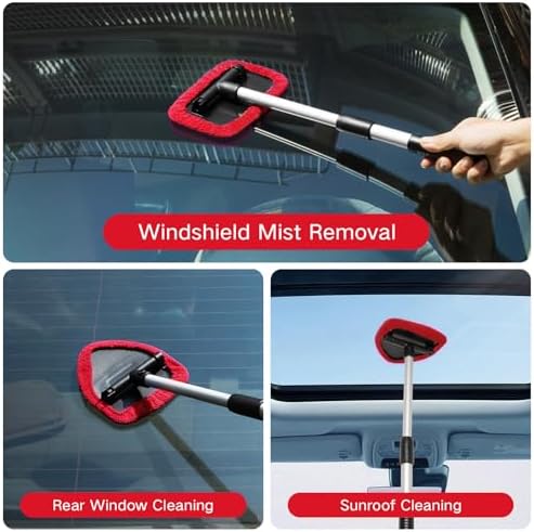 Qydipclin 10pcs Windshield Cleaner Tool, Car Window Cleaning Wash Kit with 4 Reusable Microfiber Pads 1 Spray Bottle and Extendable Handle Auto Glass Wiper Kit, Red - Image 2