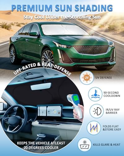 Windshield Sun Shade for Cadillac CT5 2020-2024 2025 2026, Custom-Fit CT5 Sun Visor Protector, 99% UV Block Heat Sun Shield, Silver Reflective Front Window Sunshade - Image 2