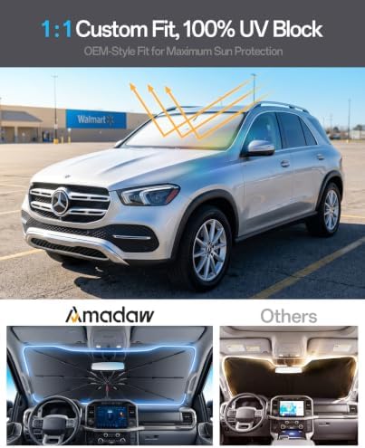 Windshield Sun Shade for Mercedes Benz GLE300/300/350/450/550 2000–2026, Foldable Umbrella Sunshade with 100% UV Block, Multi-Layer Heat Insulation, Reinforced 10-Rib Frame, Keeps Car Cooler - Image 3
