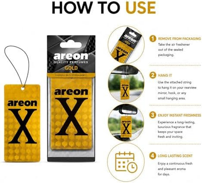 AREON X Gold Hanging Car Air Freshener - Long Lasting Premium Fragrance - Elegant Vehicle Scent Freshener for Cars, SUVs, Trucks, RVs - Easy Hang Design - Stylish Interior Accessory (Pack of 3) - Image 4