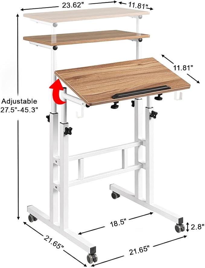 SIDUCAL Small Standing Desk, Portable Stand Up Desk, Height Adjustable Mobile Standing Table Converter with Wheels Computer Workstations, Rolling Laptop Cart for Stand or Sit, Vintage Oak - Image 3