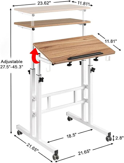 SIDUCAL Small Standing Desk, Portable Stand Up Desk, Height Adjustable Mobile Standing Table Converter with Wheels Computer Workstations, Rolling Laptop Cart for Stand or Sit, Vintage Oak - Image 3