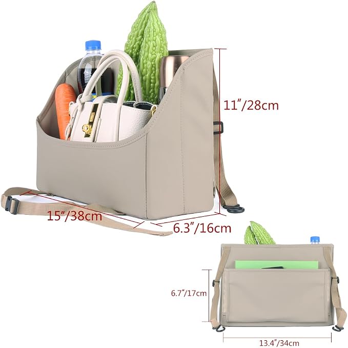 Viaviat Car Handbag Purse Holder Between Seats Leather Car Front Seat Storage Bag Large Capacity Car Organizers for Book Document Phone Bottle Tissue Toy (Beige Style-1) - Image 6