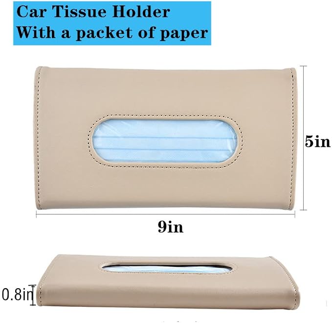YVPSI Car Tissue Holder Sun Visor Napkin Holder with Tissue (Beige) | Refill Car Mask Holder PU Leather Tissue Box Tissue Box Holder Hanging Tissue Holder Mask Dispenser for Car - Image 2