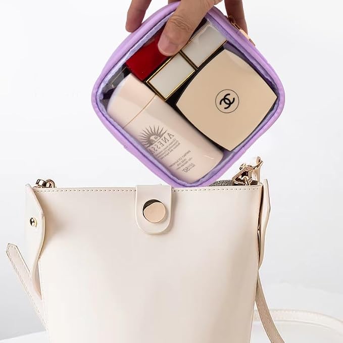 Clear Makeup Bag for Purse - Small Cosmetic Bag, Toiletry Bags, Cute Travel Makeup Bag, Coin Purse, Car Accessories Organizer - Storage Travel Essentials for Women & Girls (Clear-Purple) - Image 3