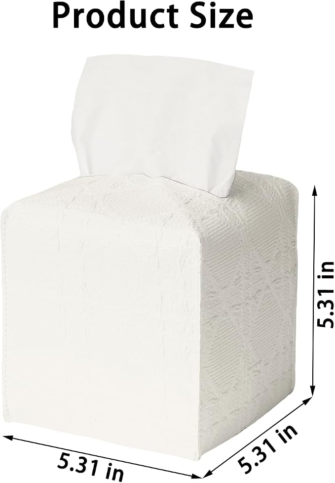 Tissue Box Cover 2-Pack, Square Tissue Holder with Bottom Belt, Modern Tissue Case Facial Paper Organizer Dispenser for Bathroom, Office, Home, Table, Car, White, Linen Pattern - Image 4