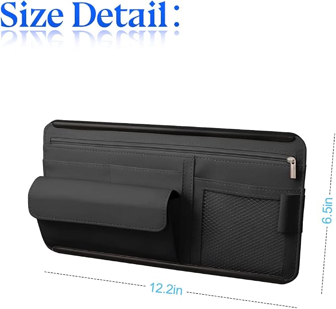 Zipelo 12.2 x 6.5 Inch PU Leather Car Sun Visor Organizer, Black | ABS backing, mesh and zipper pockets, holds cards glasses pens and cables, dual elastic strap mounting, fits most sunshades - Image 2