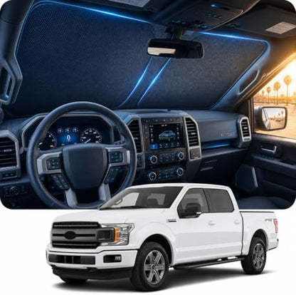 [2026 Upgraded] DooGooCoo Windshield Sun Shade for Ford F150 F250 F350 F450 2015-2019 2020 [Cooling Ice-Crystal, 100% Sun Block] Sunshade for Car Windshield for Truck F150 Sun Shade, Custom for F-150 by DooGooCoo