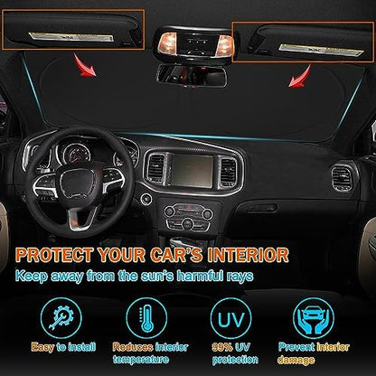Front Windshield Sun Shade Fit for Dodge Charger Challenger Durango Journey Universal Fit to All Dodge Cars Foldable Sun Visor Protector Custom Fit Dodge Window Sunhade (Blue Trim) - Image 3