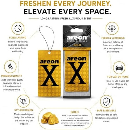 AREON X Gold Hanging Car Air Freshener - Long Lasting Premium Fragrance - Elegant Vehicle Scent Freshener for Cars, SUVs, Trucks, RVs - Easy Hang Design - Stylish Interior Accessory (Pack of 3) - Image 3
